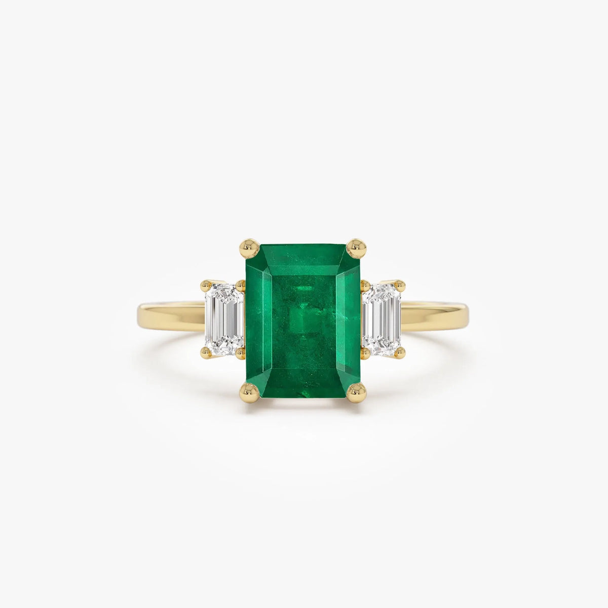 14K Solid Gold Emerald Cut Emerald and Diamond Three Stone Engagement Ring 1.75 CTW