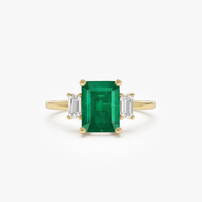 14K Solid Gold Emerald Cut Emerald and Diamond Three Stone Engagement Ring 1.75 CTW