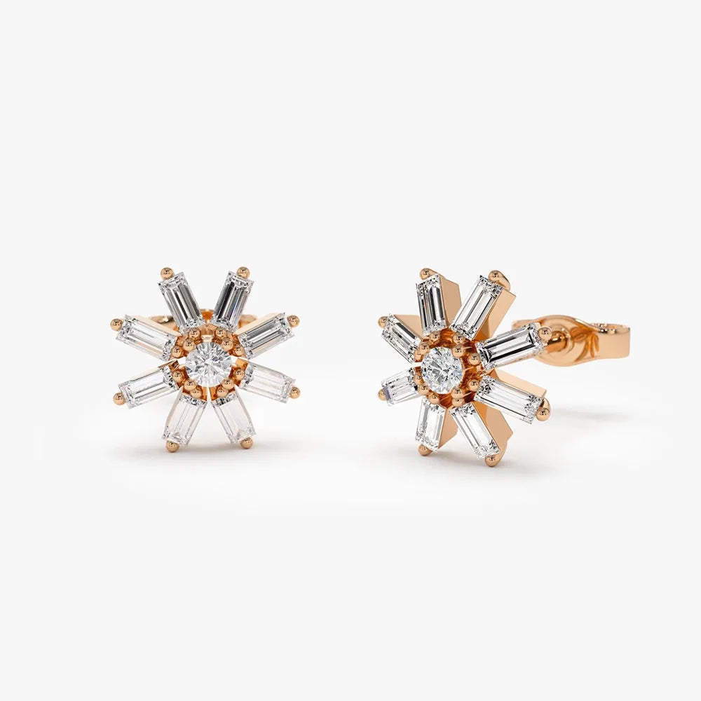 14k Gold Diamond Baguette and Round Cut Floral Stud Earrings 0.45 ctw