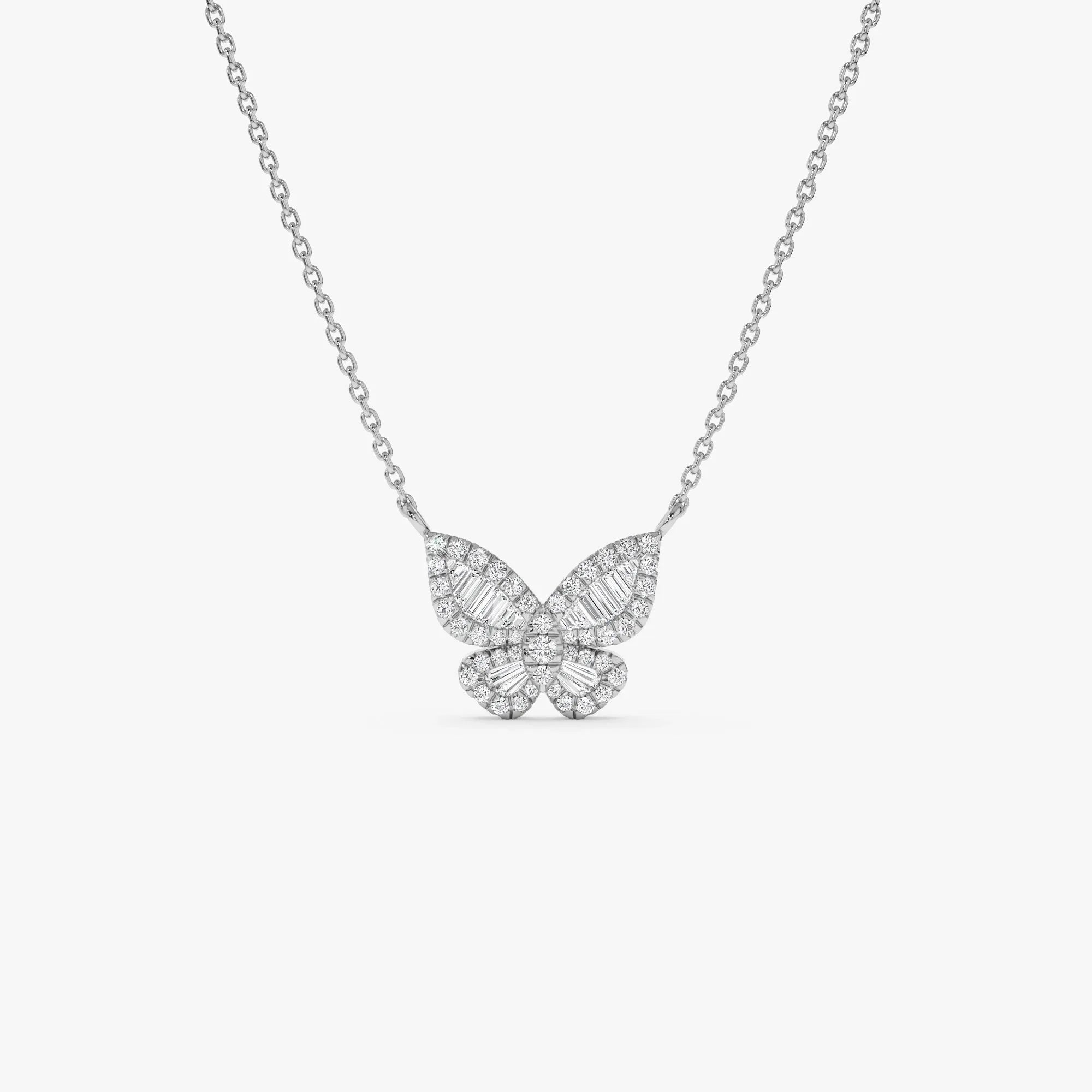 14K Solid Gold Baguette and Round Diamond Butterfly Pendant Necklace 0.32ctw