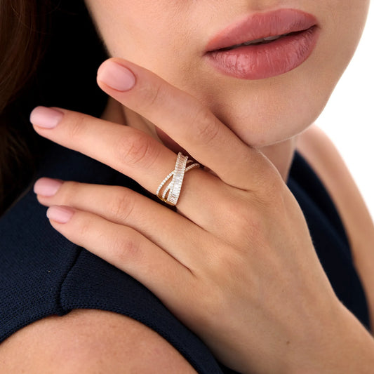 14k Solid Gold Baguette and Round Diamond 0.85 Carat Multi Row Criss Cross Band Ring