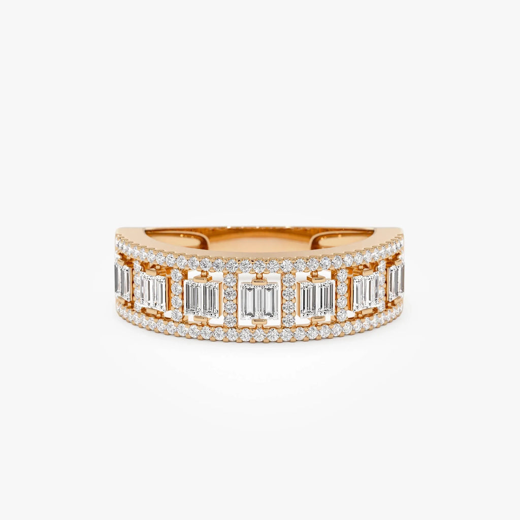 14k Gold Diamond Baguette and Round Cut Wide Pave Ring 0.60 ctw