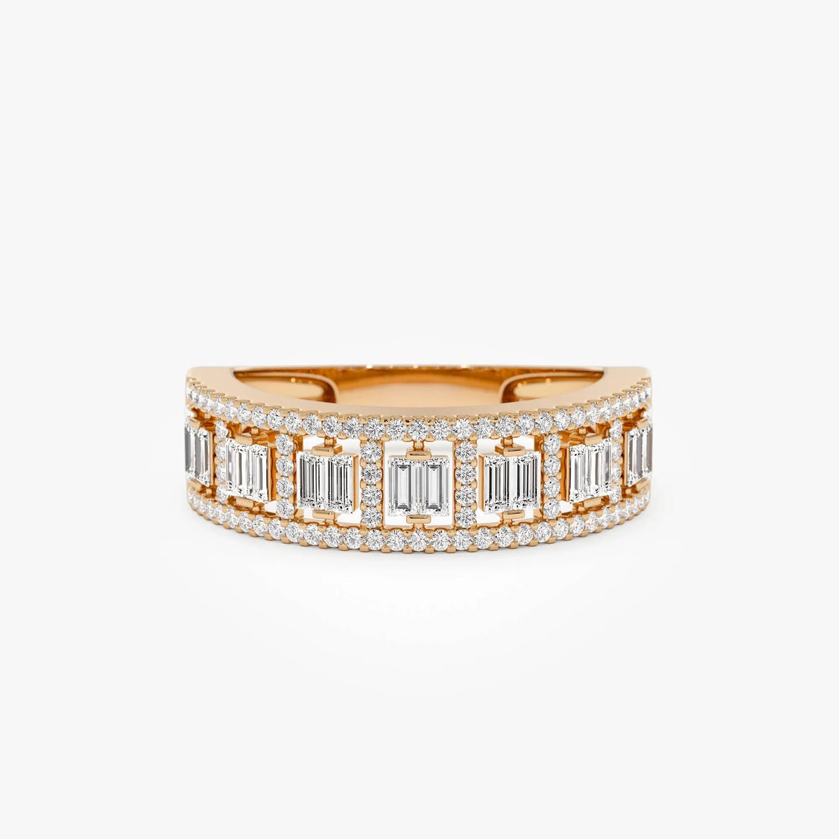 14k Gold Diamond Baguette and Round Cut Wide Pave Ring 0.60 ctw