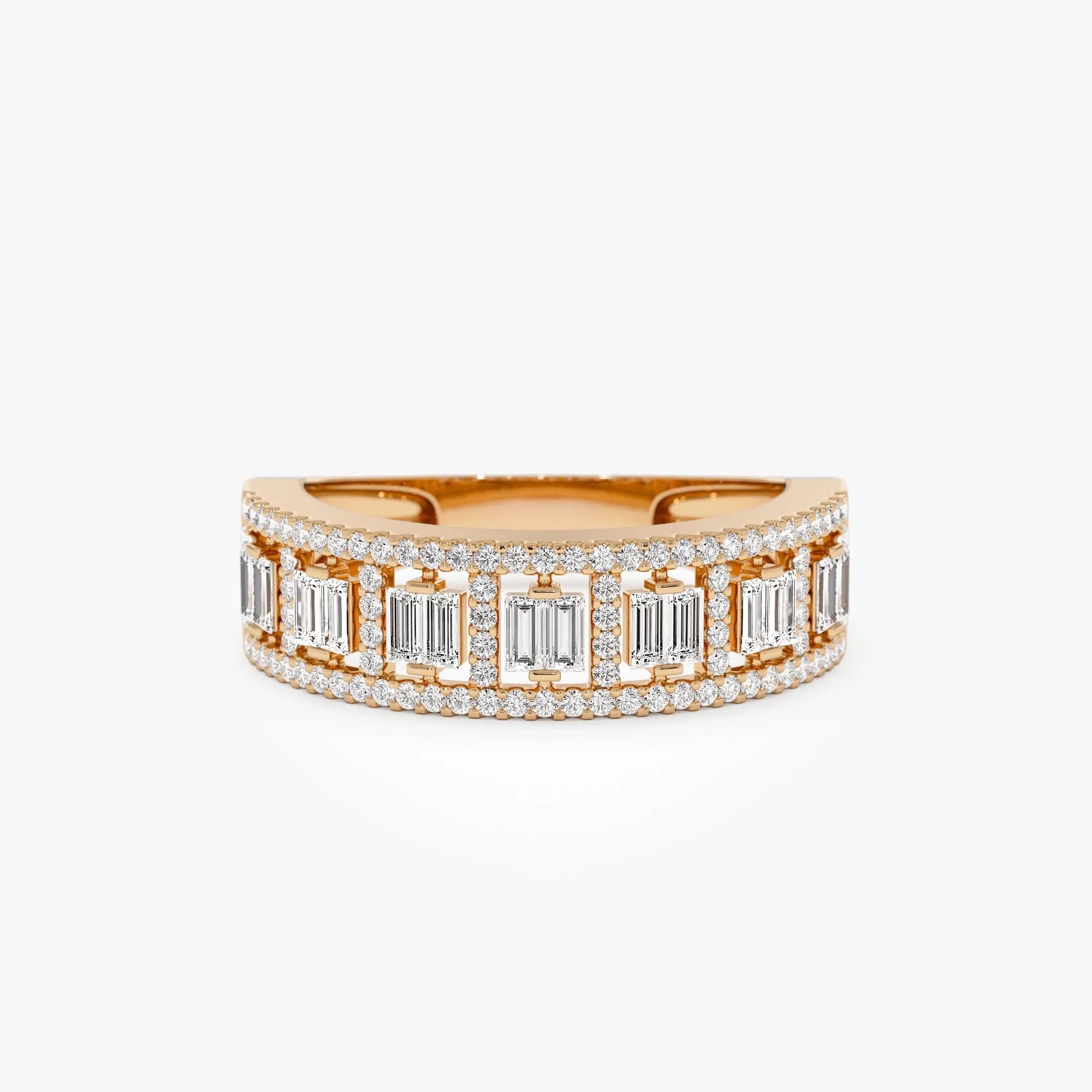 14k Gold Diamond Baguette and Round Cut Wide Pave Ring 0.60 ctw