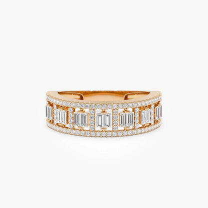 14k Gold Diamond Baguette and Round Cut Wide Pave Ring 0.60 ctw