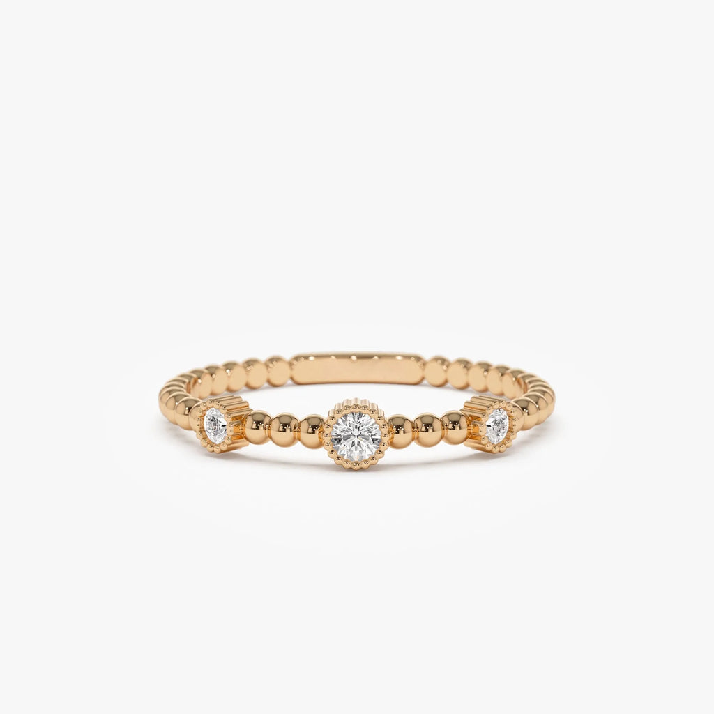 14k Solid Gold Round Diamond 0.12 ctw Three Bezel Setting Bead Band Ring