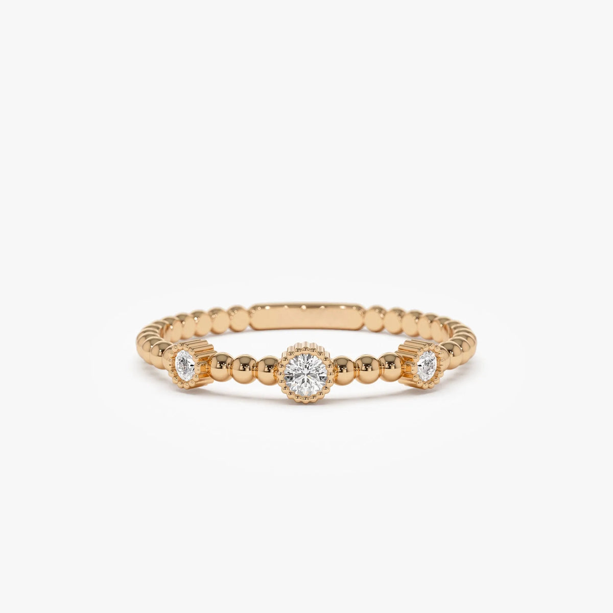 14k Solid Gold Round Diamond 0.12 ctw Three Bezel Setting Bead Band Ring