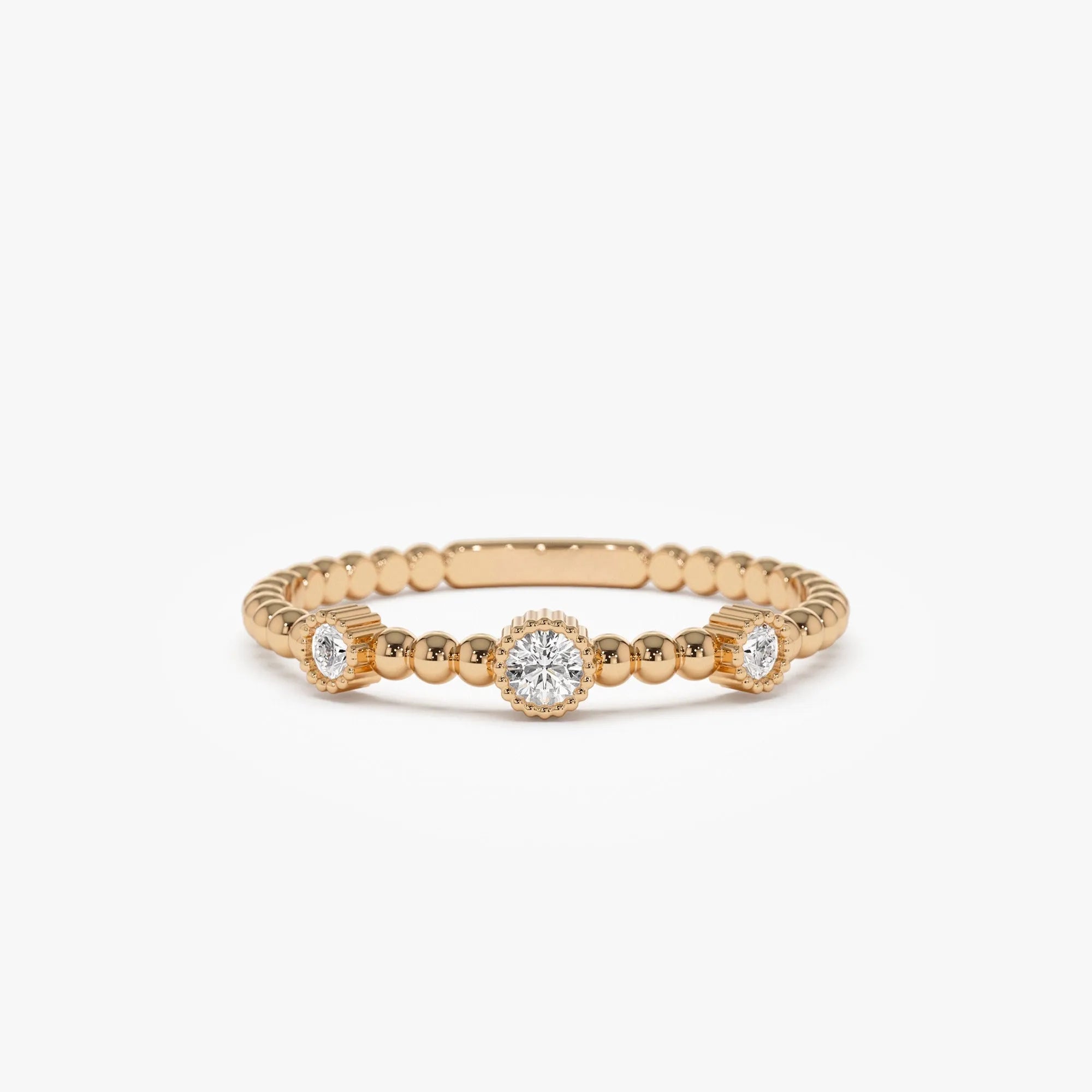 14k Solid Gold Round Diamond 0.12 ctw Three Bezel Setting Bead Band Ring
