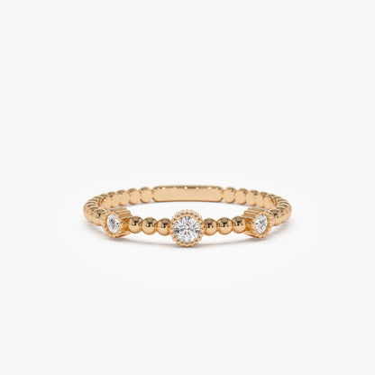 14k Solid Gold Round Diamond 0.12 ctw Three Bezel Setting Bead Band Ring