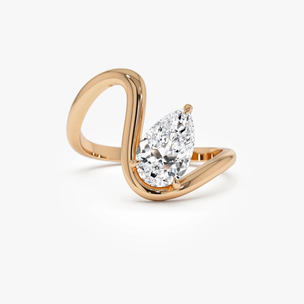 14k Gold 1.00 Carat Lab Grown Diamond Pear Cut Ring Modern Bypass Setting IGI Certified Sylene