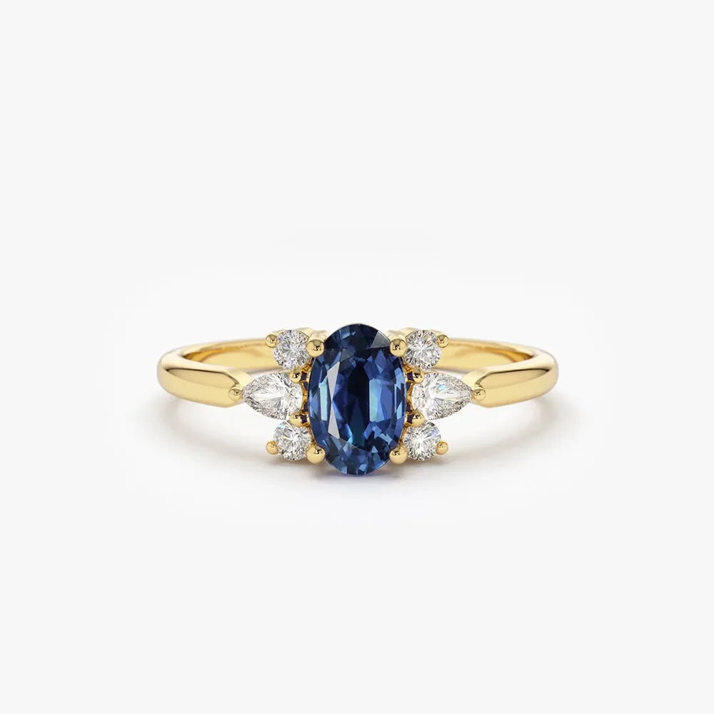 14k Gold Sapphire and Diamond Oval Pear and Round Cut Ring 1.00 ctw