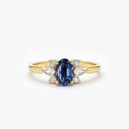 14k Gold Sapphire and Diamond Oval Pear and Round Cut Ring 1.00 ctw