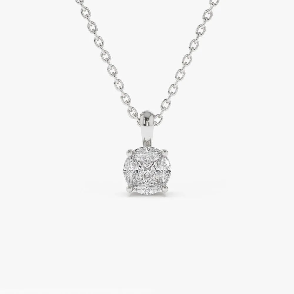 14K Solid Gold Marquise and Princess Cut Diamond Illusion Setting Necklace 0.25ctw