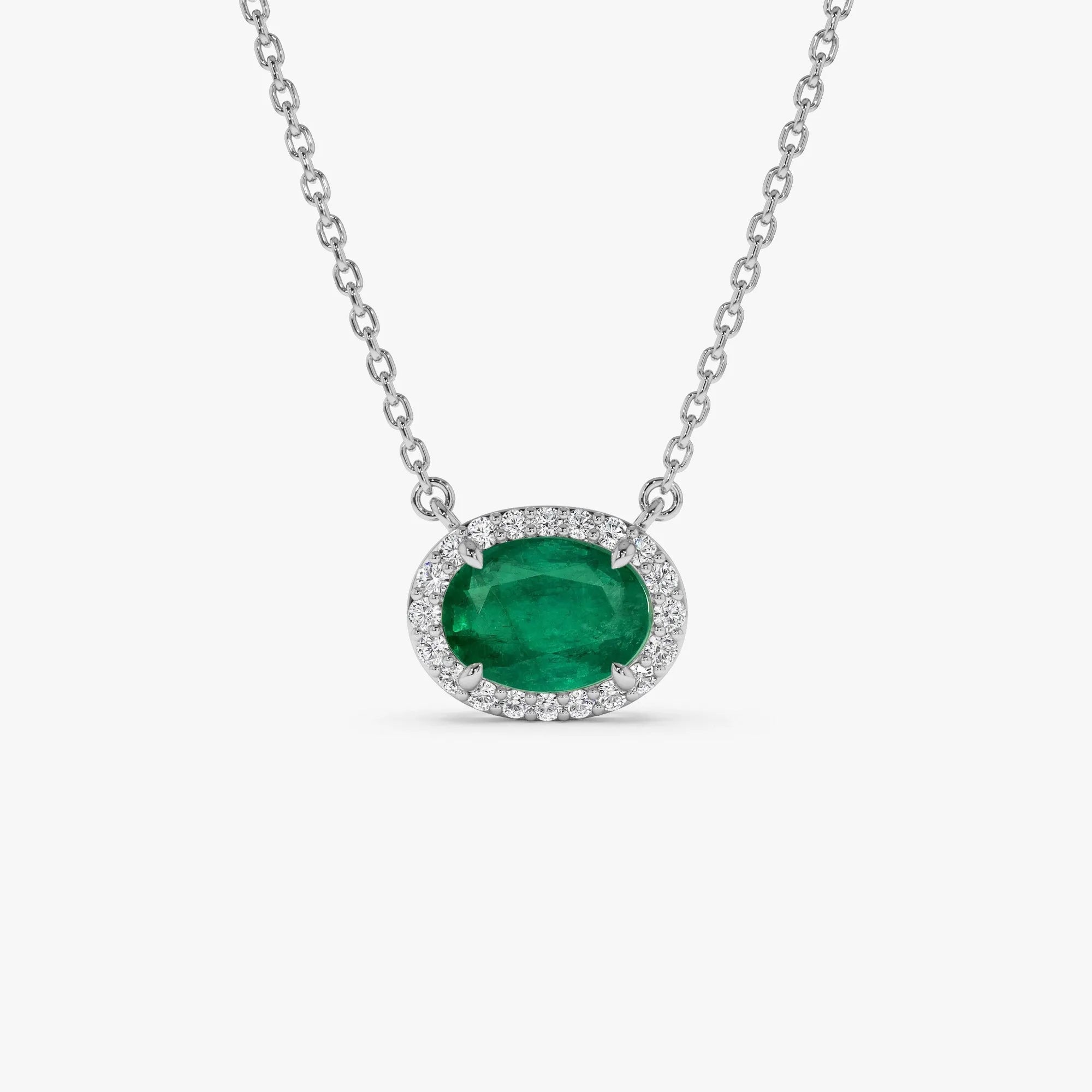 14k Solid Gold Octagon Emerald 0.75 CTW and Round Diamond 0.10 CTW Halo Pendant Necklace