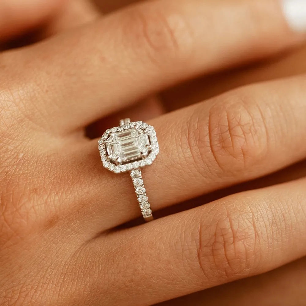 14k Gold 0.55 CTW Diamond Emerald Cut Illusion Halo Engagement Ring with Invisible Claw Setting