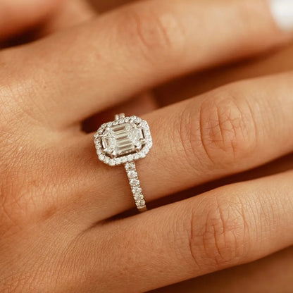 14k Gold 0.55 CTW Diamond Emerald Cut Illusion Halo Engagement Ring with Invisible Claw Setting