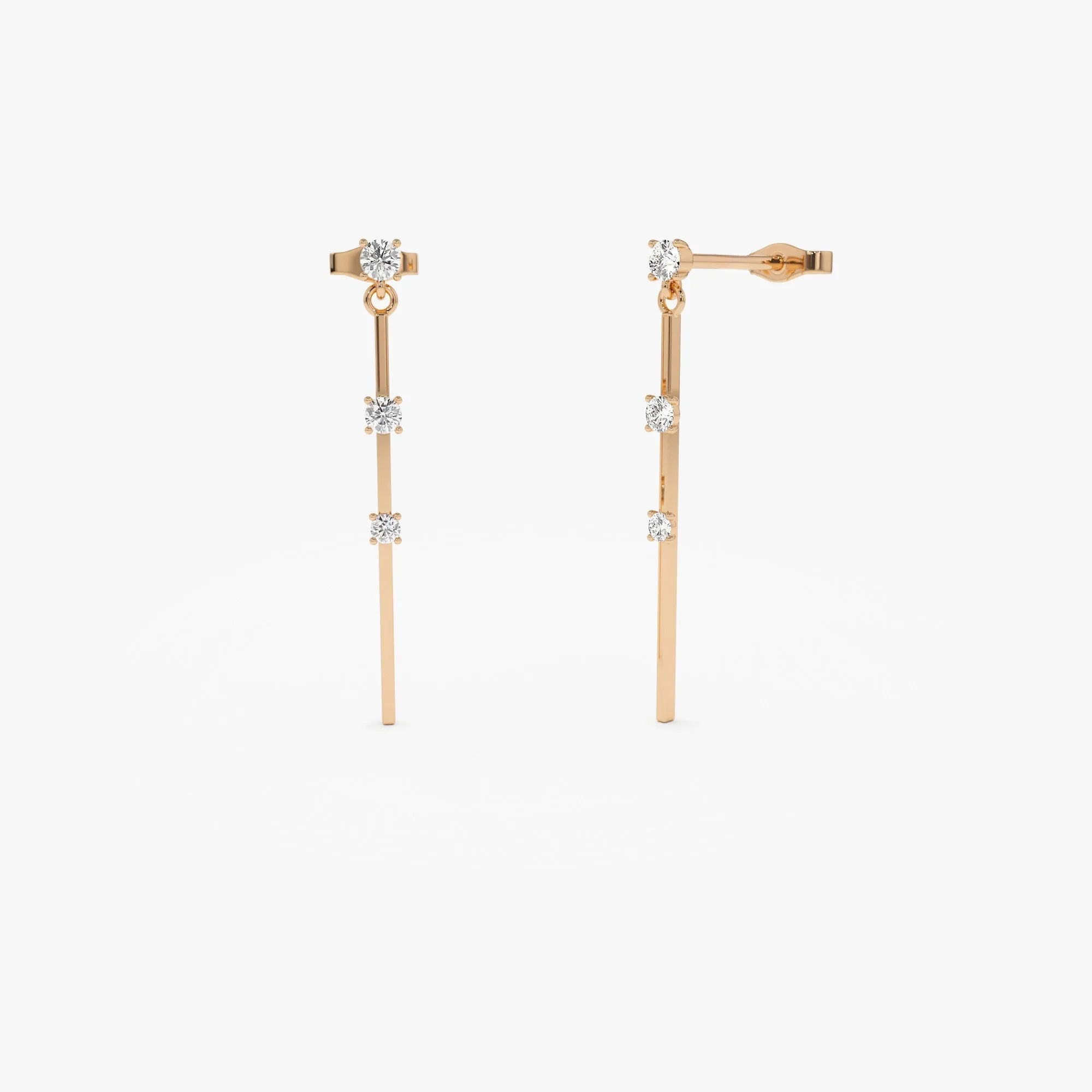 14k Gold Diamond Round Cut Linear Bar Triple Drop Earrings 0.28 ctw