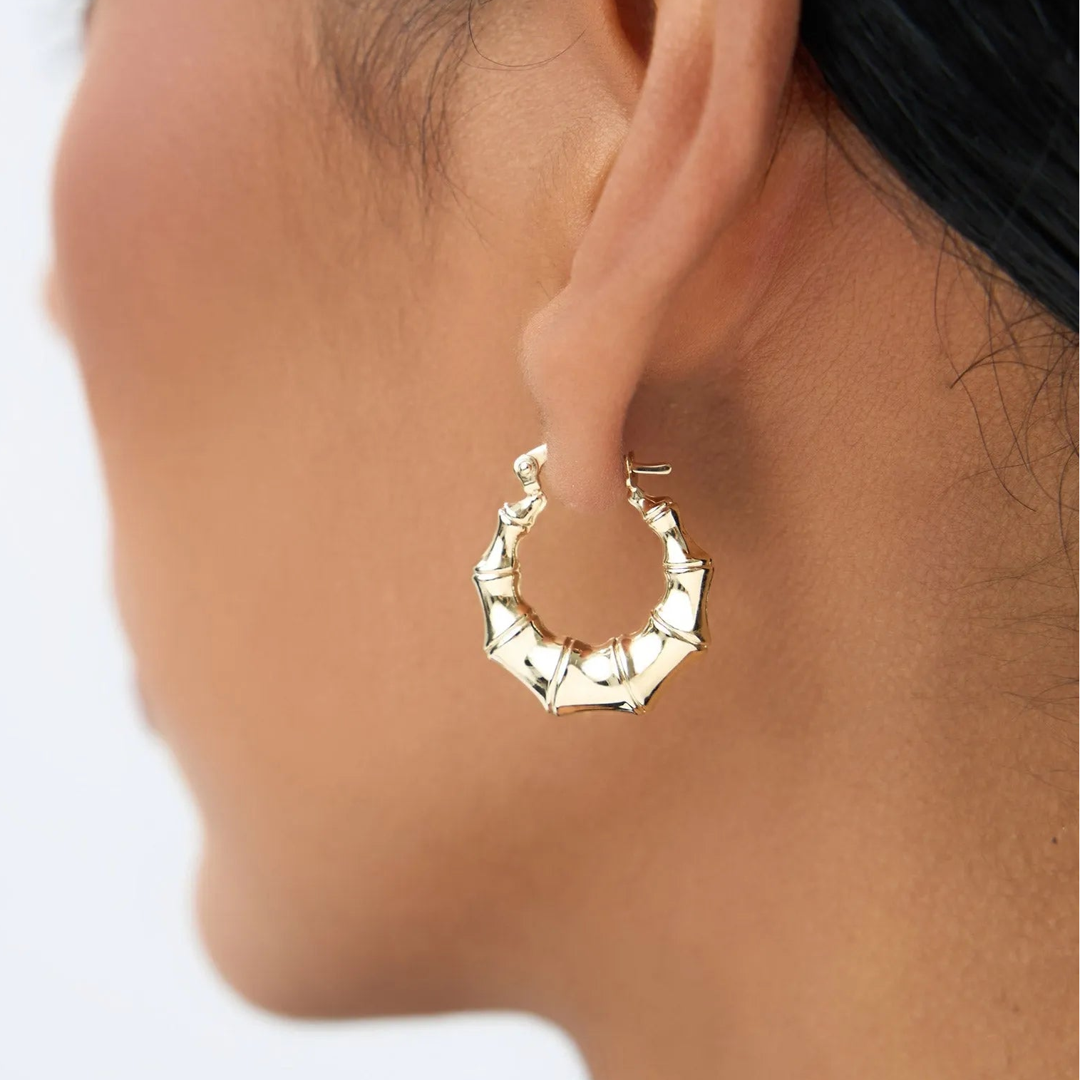 14k Yellow Gold Bamboo Style Hoop Earrings 20mm Outer Diameter