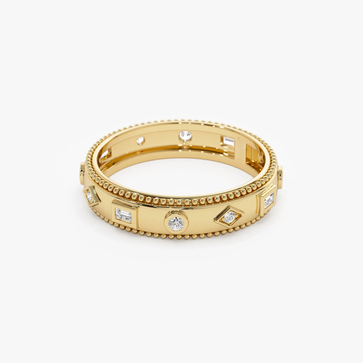 14K Solid Gold Round and Baguette Diamond 0.16 Carat Mixed Shape Band