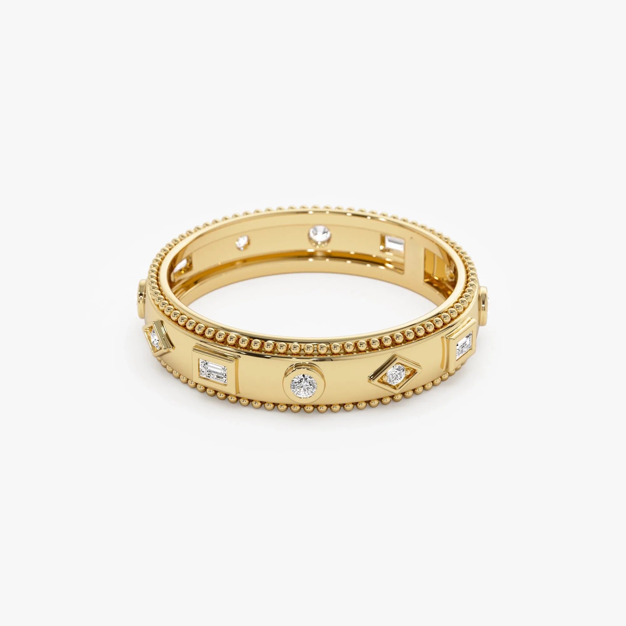 14K Solid Gold Round and Baguette Diamond 0.16 Carat Mixed Shape Band