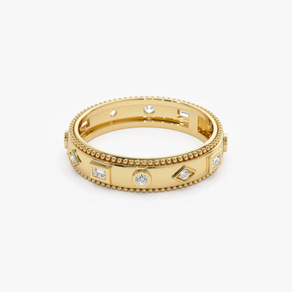 14K Solid Gold Round and Baguette Diamond 0.16 Carat Mixed Shape Band