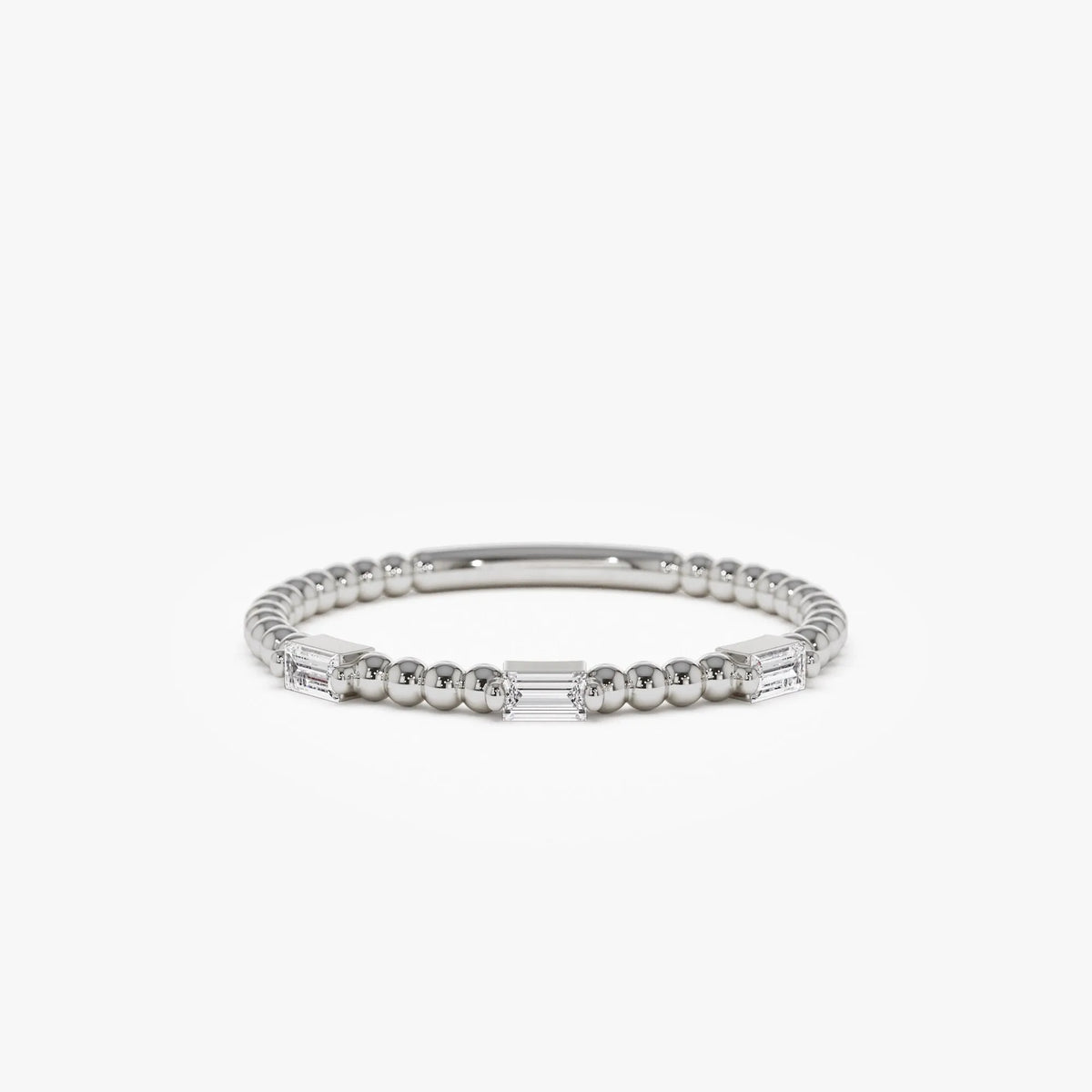 14K Solid Gold Baguette Diamond Beaded Minimalist Ring 0.12 CTW