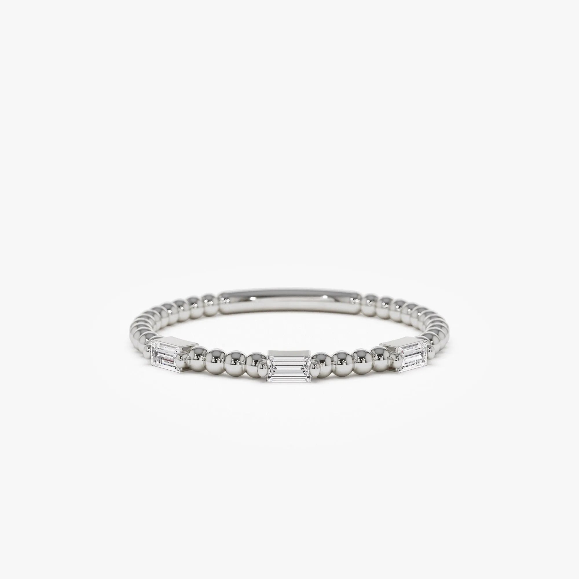 14K Solid Gold Baguette Diamond Beaded Minimalist Ring 0.12 CTW