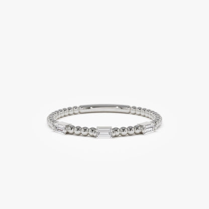 14K Solid Gold Baguette Diamond Beaded Minimalist Ring 0.12 CTW
