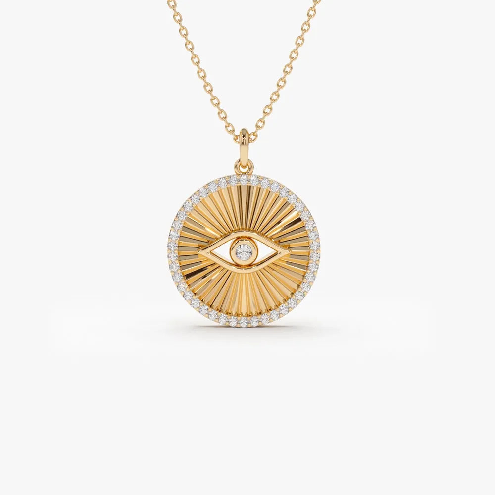 14K Solid Gold Round Diamond Evil Eye Medallion Disc Necklace 0.29ctw