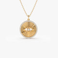 14K Solid Gold Round Diamond Evil Eye Medallion Disc Necklace 0.29ctw