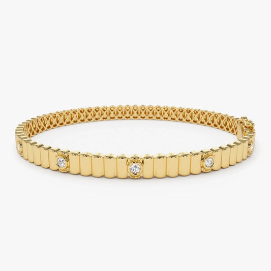 14K Solid Gold 0.14 CTW Round Diamond Ribbed Bangle
