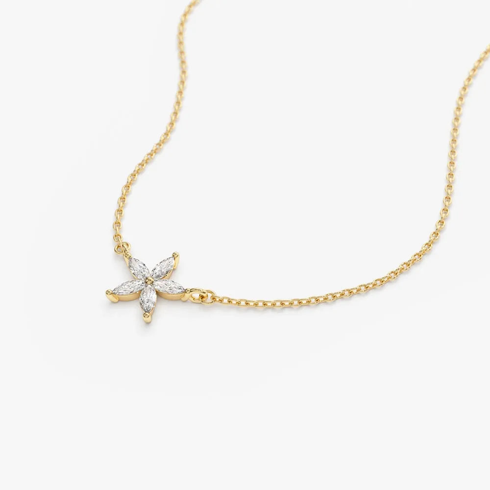 14K Solid Gold Marquise Diamond Flower Pendant Necklace 0.32ctw