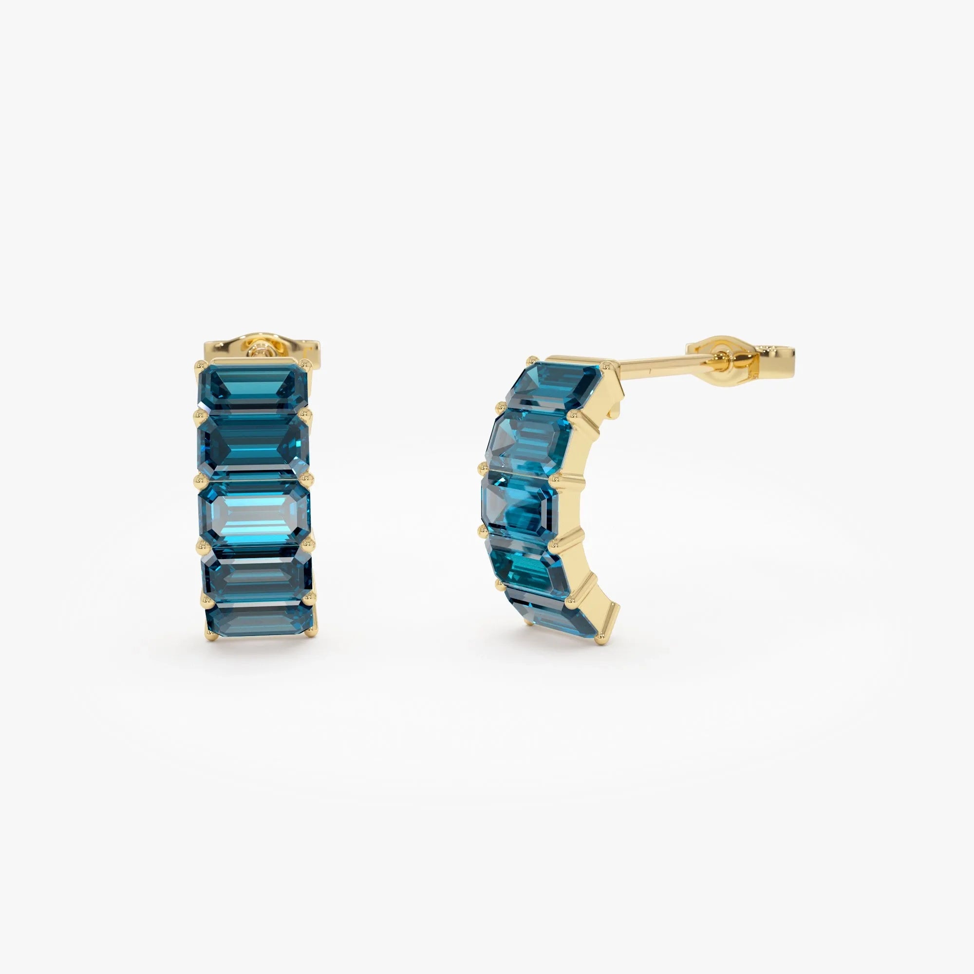 14K Solid Gold Octagon Cut London Blue Topaz Half Hoop Earrings 3.70ctw