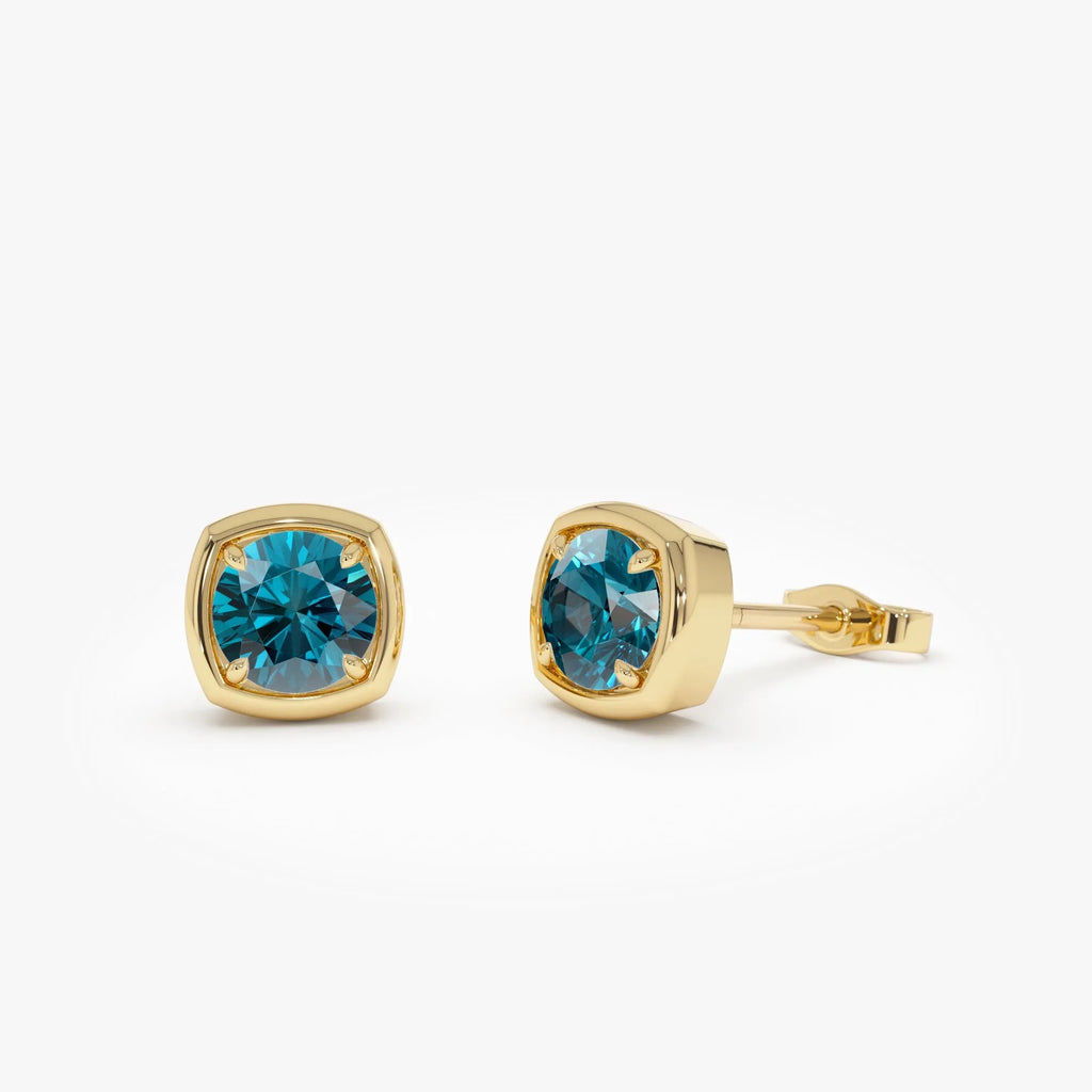 14K Solid Gold Round London Blue Topaz Cushion Stud Earrings 1.25ctw