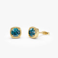 14K Solid Gold Round London Blue Topaz Cushion Stud Earrings 1.25ctw