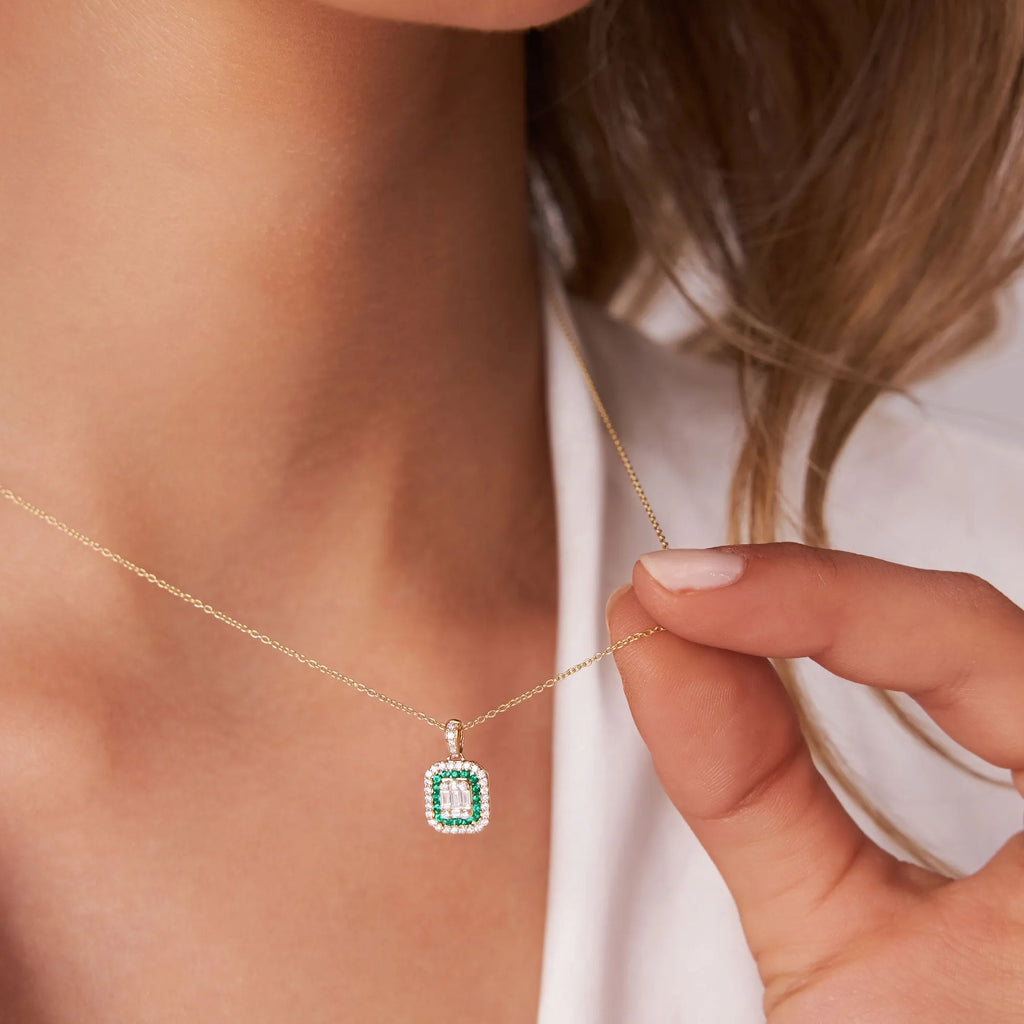14k Solid Gold Baguette and Round Diamond 0.30 CTW and Emerald 0.20 CTW Halo Pendant Necklace
