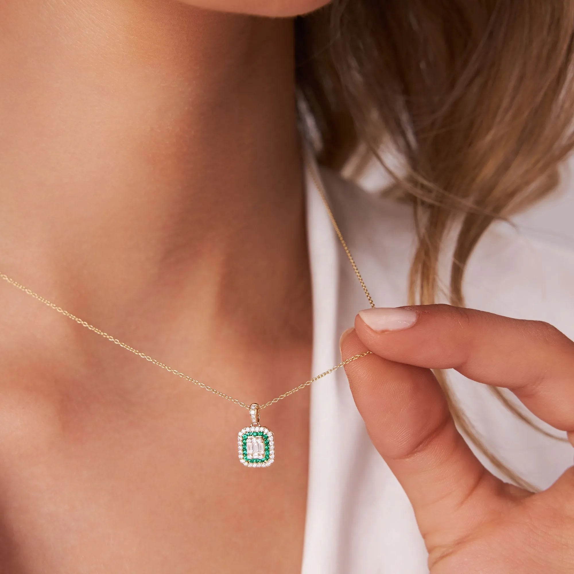 14k Solid Gold Baguette and Round Diamond 0.30 CTW and Emerald 0.20 CTW Halo Pendant Necklace