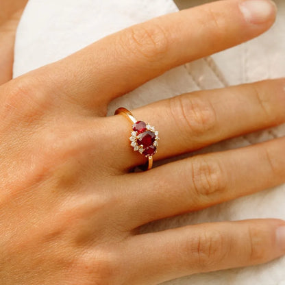 14k Gold Ruby and Diamond Oval Cut Three Stone Cluster Ring 1.39 ctw