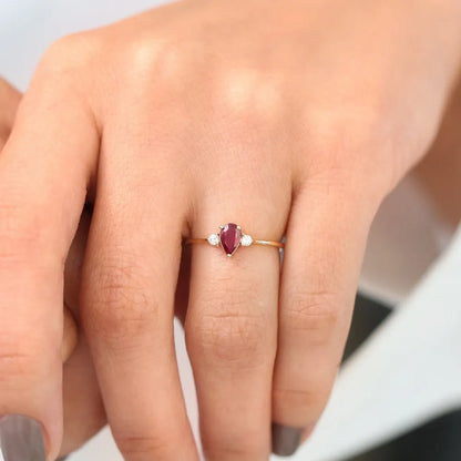 14k Gold Ruby and Diamond Pear Cut Three Stone Ring 0.47 ctw