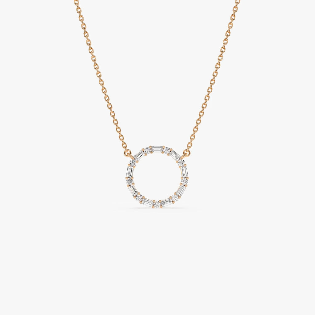 14K Solid Gold 0.30 CTW Baguette and Round Diamond Circle Necklace