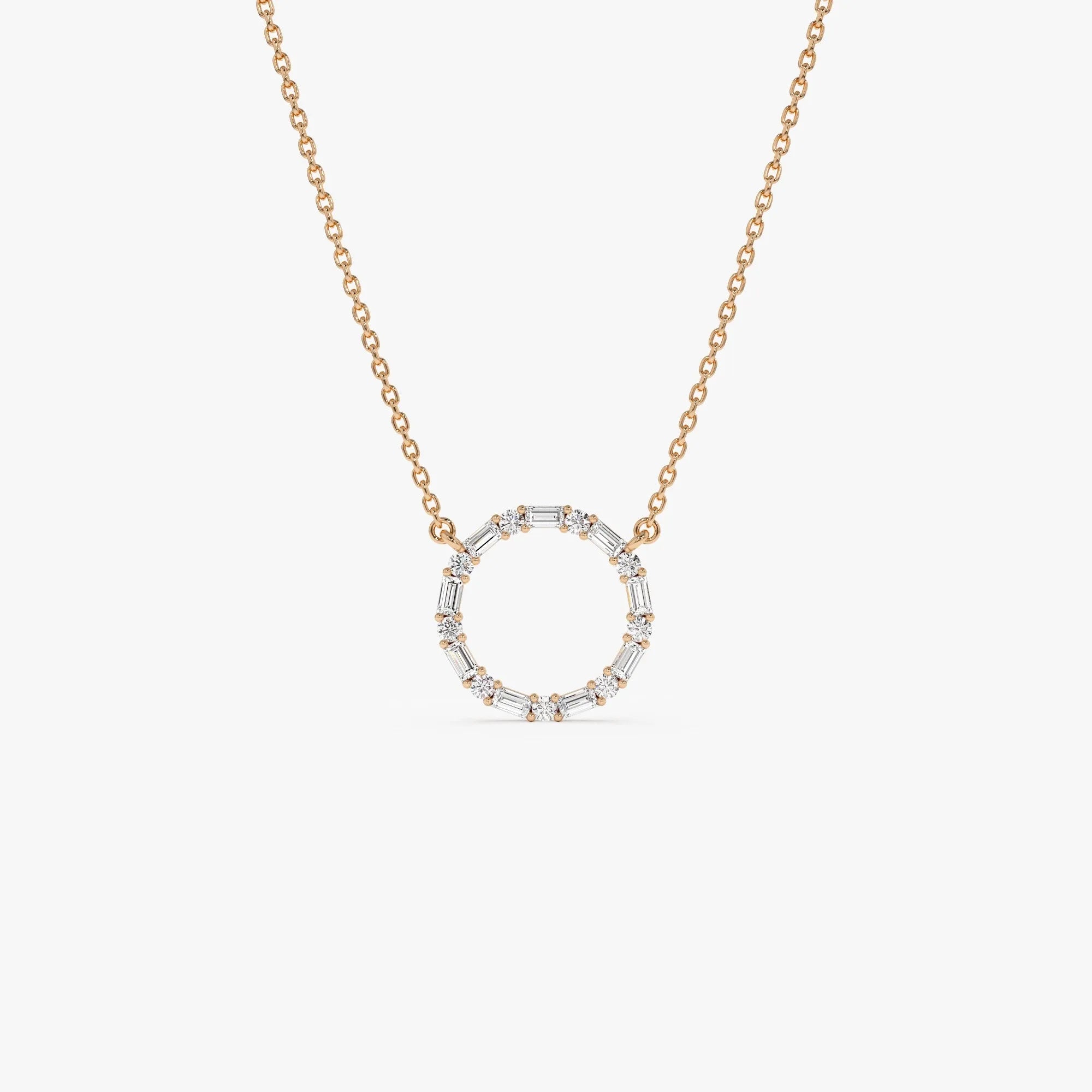 14K Solid Gold 0.30 CTW Baguette and Round Diamond Circle Necklace