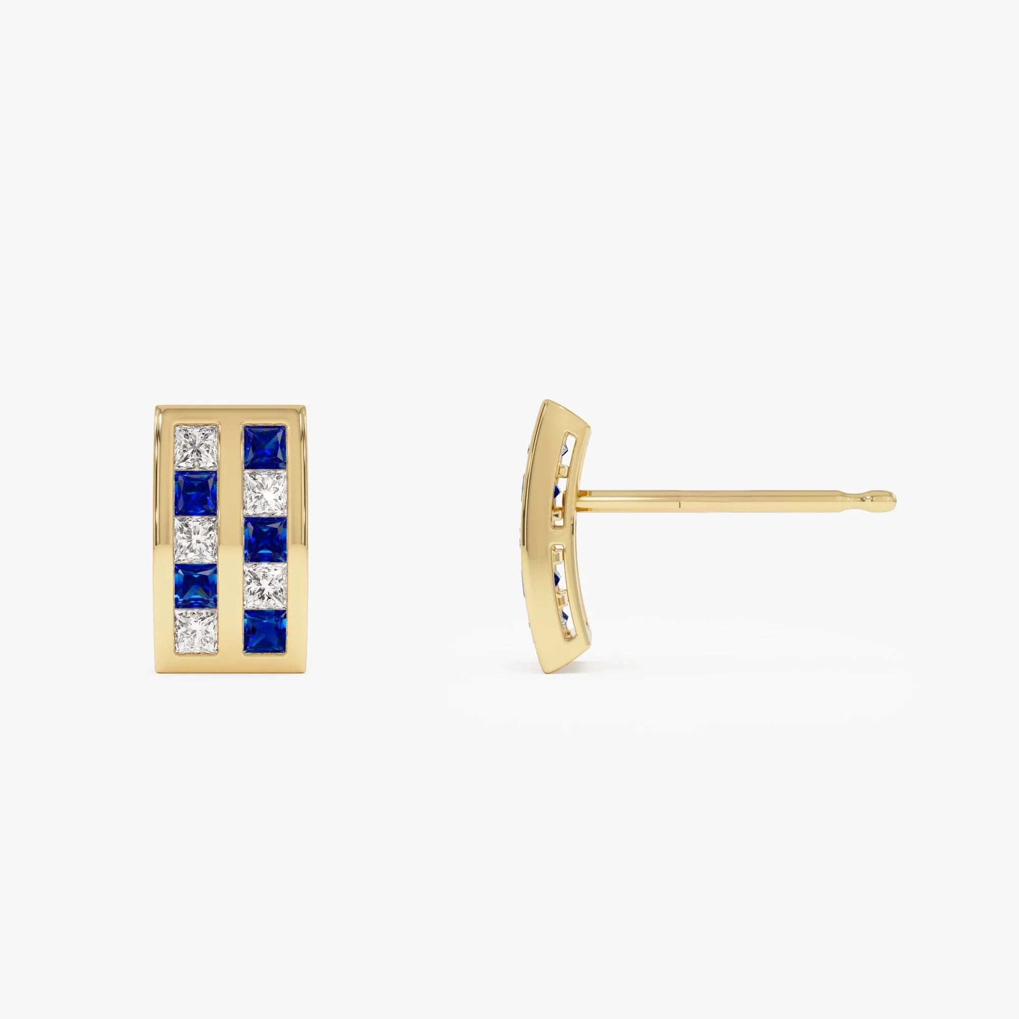 14k Solid Gold Princess Cut Blue Sapphire and Diamond Stud Earrings 1.10 ctw