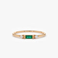 14K Gold Baguette Emerald and Round Diamond Ring 0.12 CTW Handcrafted Jewelry