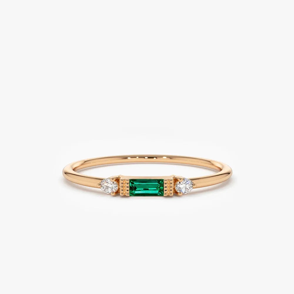 14K Gold Baguette Emerald and Round Diamond Ring 0.12 CTW Handcrafted Jewelry