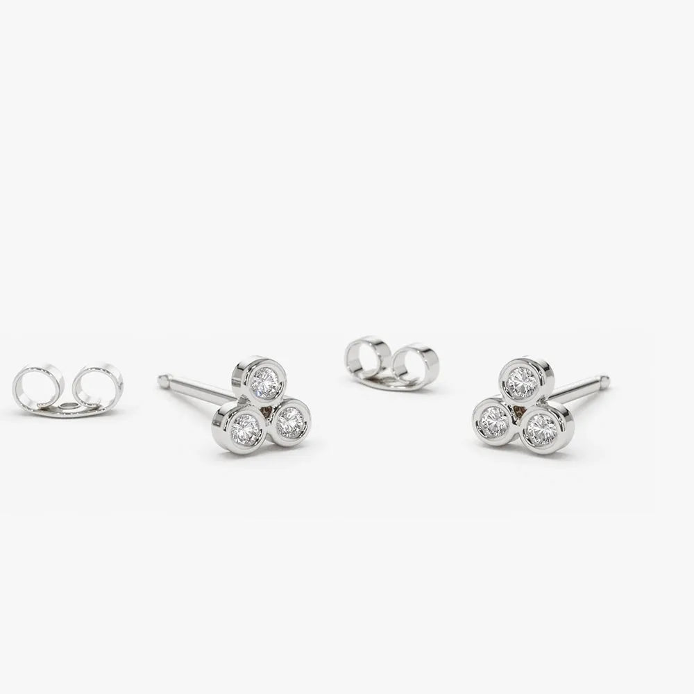 14k Gold Diamond Round Cut Trio Stud Earrings Bezel Setting 0.18 ctw