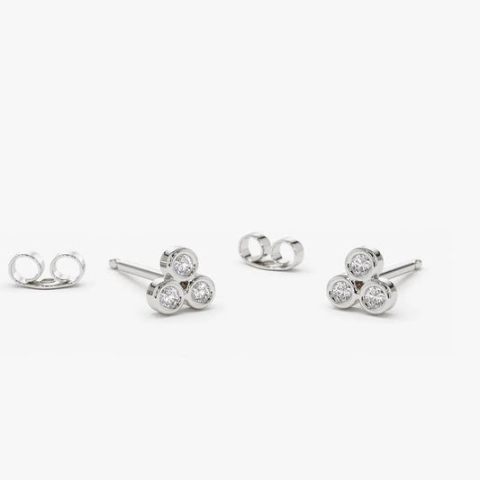 14k Gold Diamond Round Cut Trio Stud Earrings Bezel Setting 0.18 ctw