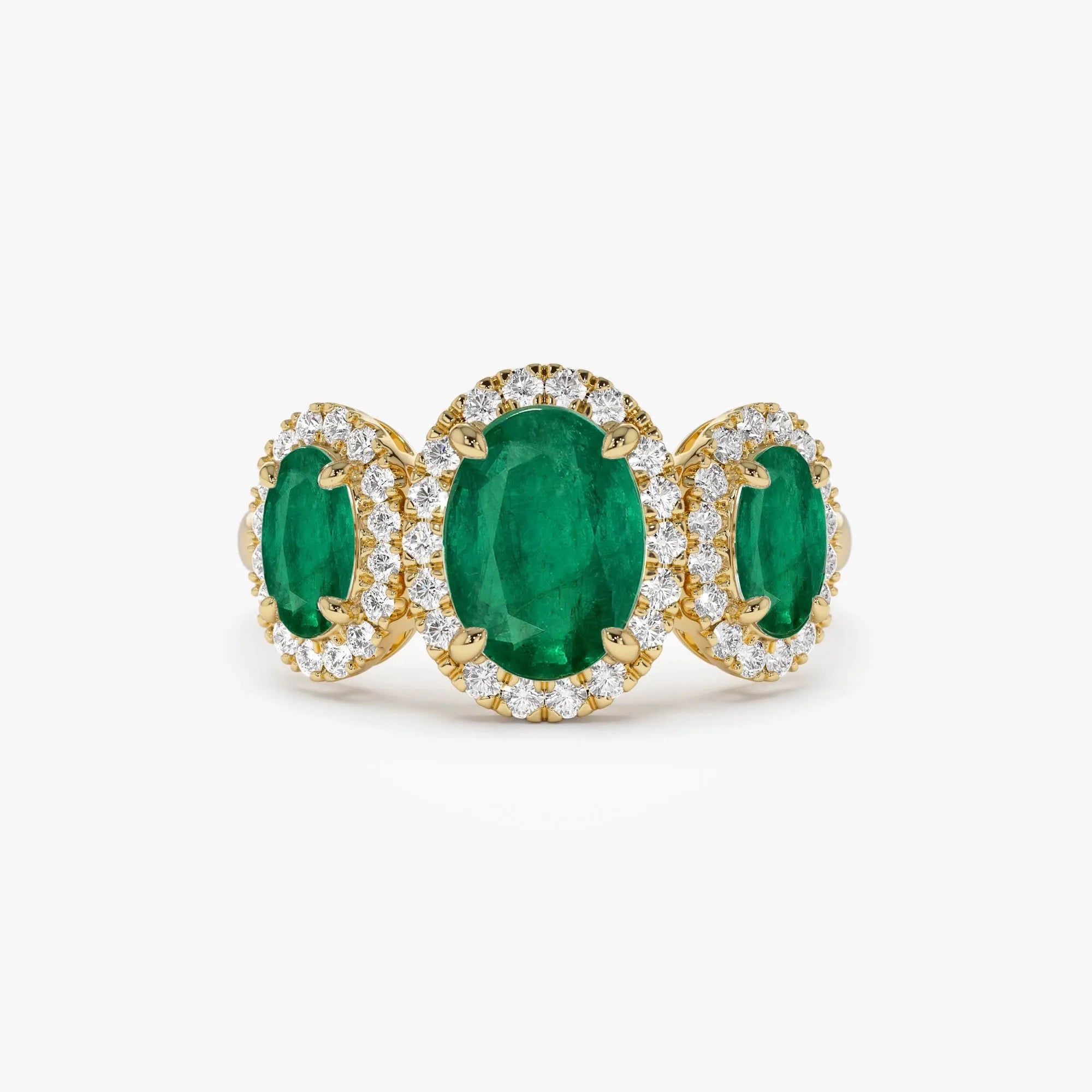 14K Solid Gold Oval Emerald and Round Diamond Three Stone Engagement Ring 2.30 CTW