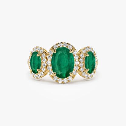 14K Solid Gold Oval Emerald and Round Diamond Three Stone Engagement Ring 2.30 CTW