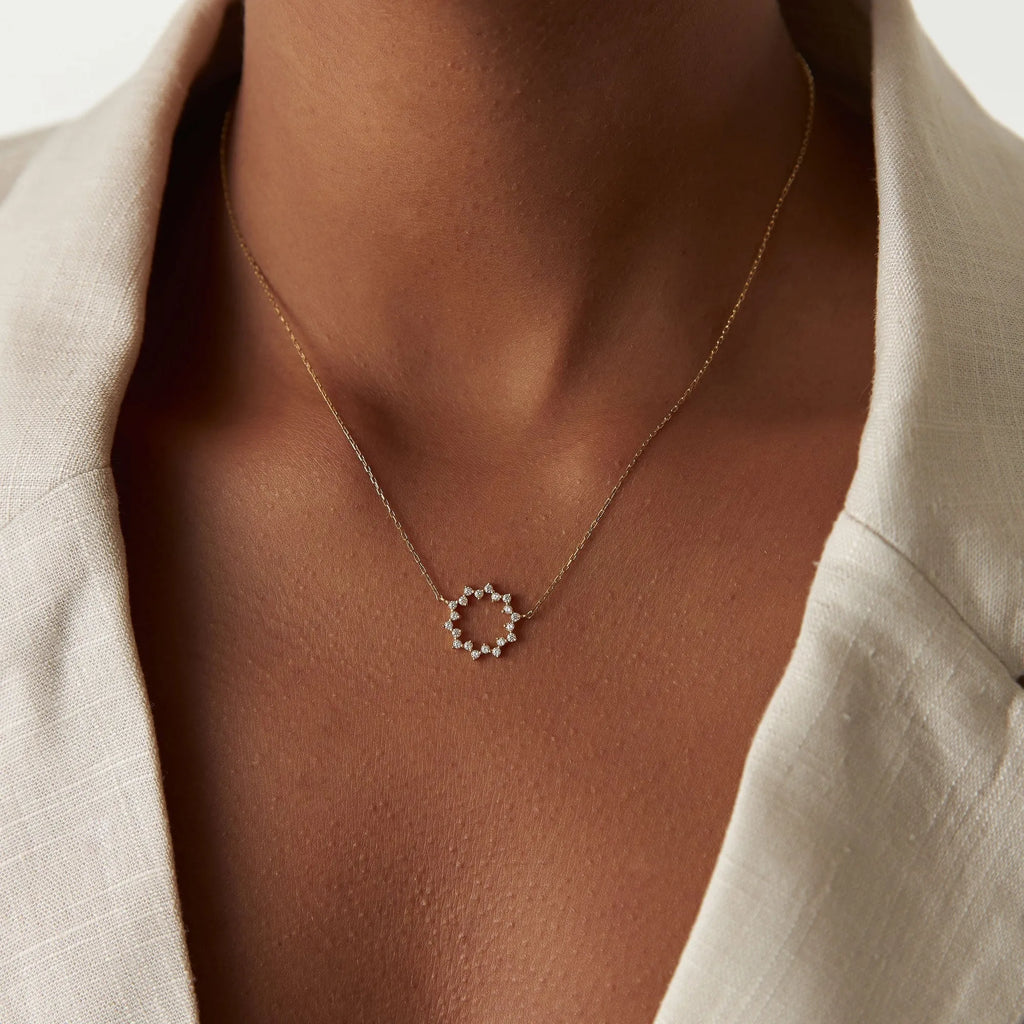 14K Solid Gold 0.40 CTW Round Diamond Sun Circle Necklace Prong Setting