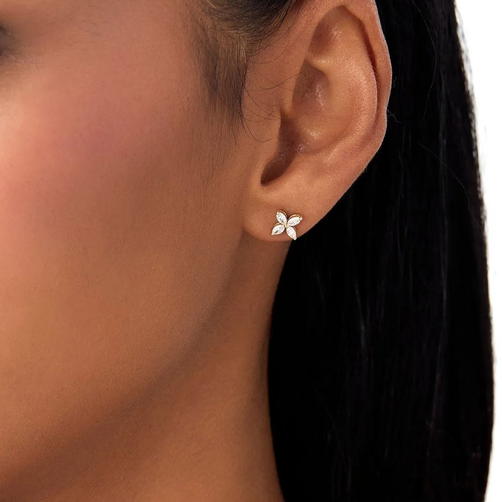 14k Gold Diamond Marquise Cut Cluster Stud Earrings 0.40 ctw